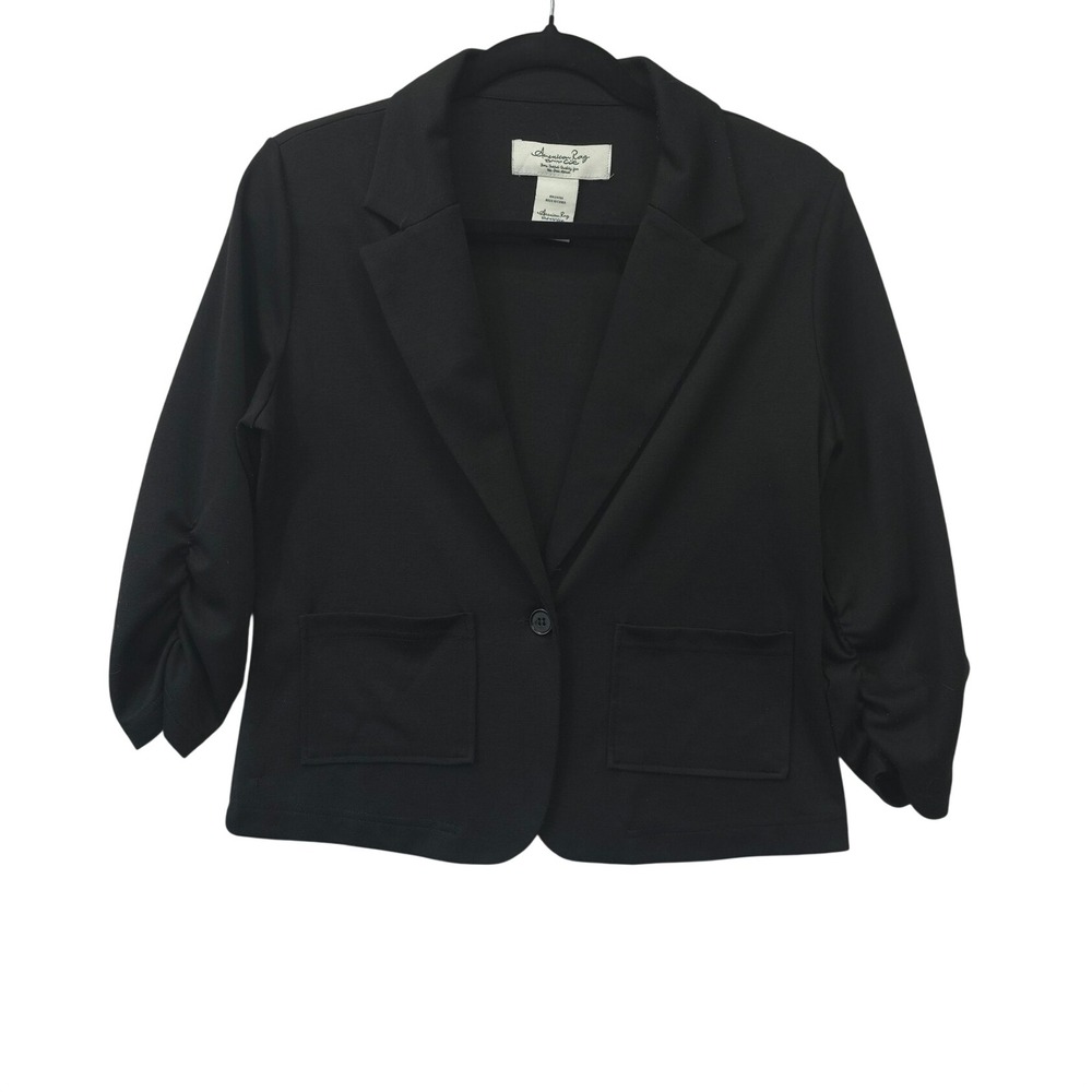 American Rag Cie Womens Black Ruched 3/4 Sleeve Knit Blazer Jacket Size M Office